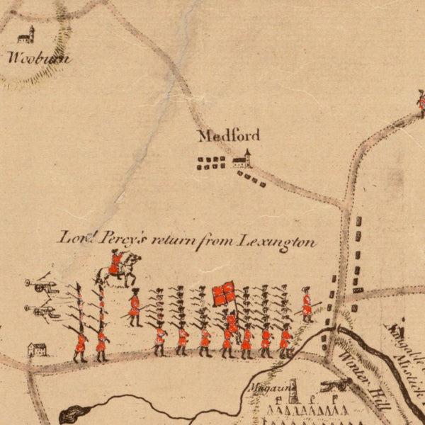 A plan of the town and harbour of Boston, and the country adjacent with the road from Boston to Concord shewing the place of the late engagement between the King's troops & the provincials, together with the several encampments of both armies in & about Boston — detail 1