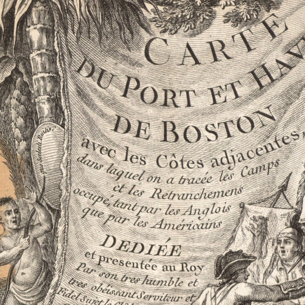 Carte du port et havre de Boston avec les côtes adjacentes, dans laquel on a tracée les camps et les retranchemens occupé, tant par les Anglois que par les Américains — detail 1